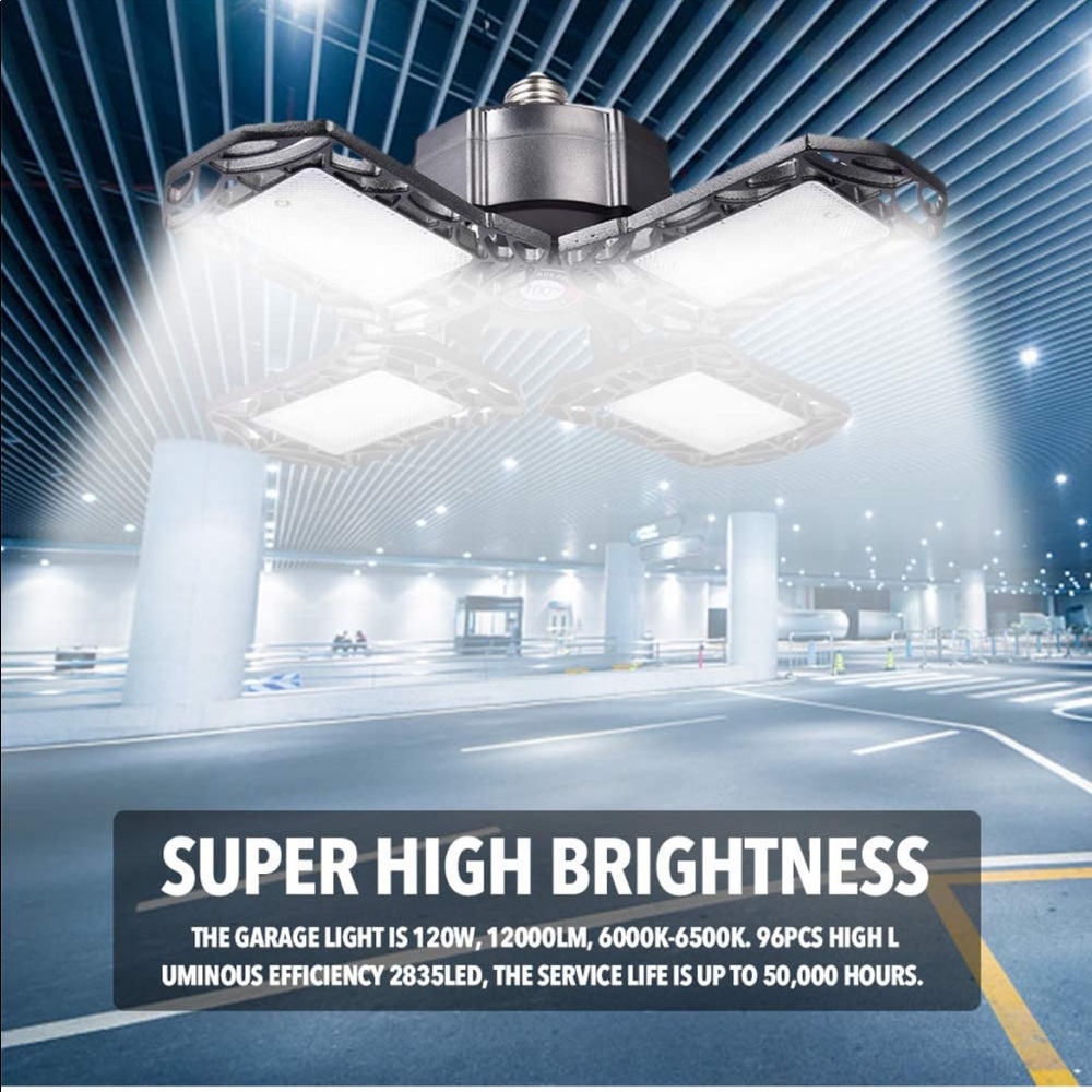120W Deformable LED Garage Light, E27 Shop Lights Ceiling Light 6000k Warehouse - Picture 2 of 8